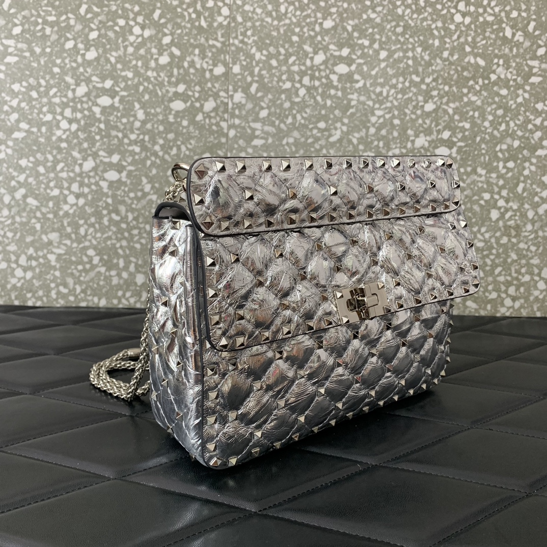 Valentino Garavani Rockstud Spike Medium Chain Bag in Silver Supple Lambskin Nappa